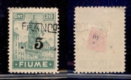 Occupazioni I Guerra Mondiale - Fiume - 1919 - 5 Franco Su 20 Cent (C75eaa) - Soprastampa Obliqua - Gomma Originale (100 - Altri & Non Classificati