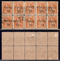 Occupazioni I Guerra Mondiale - Fiume - 1919 - Franco 10 Su 45 Cent (C77) - Blocco Usato Di 10 - Other & Unclassified