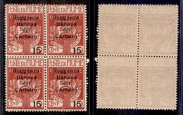 Occupazioni I Guerra Mondiale - Fiume - 1920 - 15 Su 10 Cent Reggenza (135) - Quartina - Gomma Integra - Andere & Zonder Classificatie