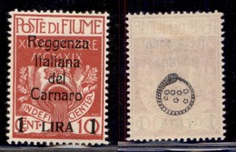 Occupazioni I Guerra Mondiale - Fiume - 1920 - 1 Lira Su 10 Cent Reggenza (143) - Gomma Originale - Ottimamente Centrato - Autres & Non Classés