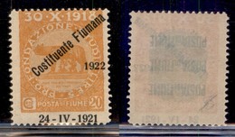 Occupazioni I Guerra Mondiale - Fiume - 1922 - 20 Cent Costituente (182l) Con Data In Basso - Gomma Integra (37) - Sonstige & Ohne Zuordnung