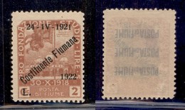 Occupazioni I Guerra Mondiale - Fiume - 1922 - 2 Lire Costituente (187) - Gomma Integra (62) - Autres & Non Classés