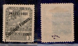 Occupazioni I Guerra Mondiale - Fiume - 1922 - 3 Lire Costituente (188 Varietà Ka) Con Soprastampa Spostata (L A Cavallo - Autres & Non Classés