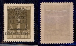 Occupazioni I Guerra Mondiale - Fiume - 1924 - 3 Lire Annessione (224 Varietà) - Spazio Tipografico Prima Di 22 - Gomma  - Other & Unclassified