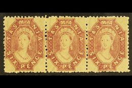 TASMANIA 1869 6d Reddish Mauve, Perf 12, Wmk Double Lined Numerals, SG 76, Superb Never Hinged Mint Strip Of 3. Lovely   - Other & Unclassified