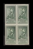 1925 UNISSUED 1c Dark Green "Miner", Centenary Of The Republic, IMPERFORATE BLOCK OF 4, Scott 150, Never Hinged Mint. Fo - Bolivia