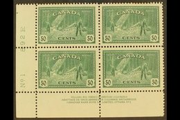 1946 50c Lumbering, SG 405, Uni 272, Very Fine Mint Corner Plate Block (No 1), Top Pair Hinged.  For More Images, Please - Other & Unclassified