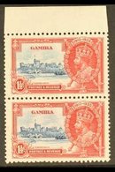 1935 1½d Deep Blue And Scarlet, Jubilee, Top Marginal Vertical Pair Showing The Variety "Lightening Conductor" By Left S - Gambia (...-1964)