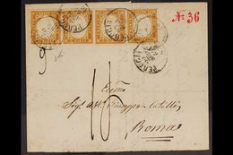 SARDINIA 1863 (22 Aug) EL From Perugia To Rome Bearing A Strip Of Three + Single Example Of The 1863 10c Bistre (Sassone - Unclassified