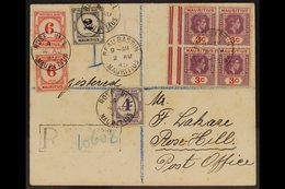 1945 (2 Aug) Env Registered From Beau Bassin To Rose Hill Bearing A Block Of 4 X 3c Reddish Purple & Scarlets With The T - Mauricio (...-1967)