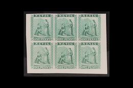 1862 IMPERF PROOFS. 1d Green (as SG 1) IMPERF COLOUR PROOFS BLOCK Of 6 (positions 7 To 12) Printed In Unissued Colour On - St.Christopher-Nevis-Anguilla (...-1980)