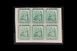 1862 IMPERF PROOFS. 1d Green (as SG 1) IMPERF COLOUR PROOFS BLOCK Of 6 (positions 7 To 12) Printed In Unissued Colour On - San Cristóbal Y Nieves - Anguilla (...-1980)