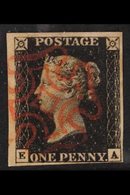 1840 1d Black, Check Letters, 'E - A',  Plate 8, SG 2, Used With 4 Clear Margins, Nice Guide Line Vertically Through NE  - Non Classificati