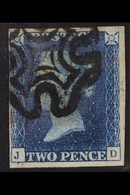 1840 2d Deep Full Blue, Lettered "J D", Plate 2, SG 4, Good Used With Four Margins And Black MX Cancellation. For More I - Andere & Zonder Classificatie