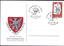 1960 Carte Cachet Spécial 70e Anniversaire UTL, Blason Bettembourg, Michel 2019: 618 - Variétés & Curiosités