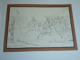 Delcampe - DESSIN DE PAUL FLANDRIN Né à Lyon Le 28 Mai 1811 - CHARGE DE HUSSARDS, Signé PAR L'AUTEUR  (AE) - Dessins