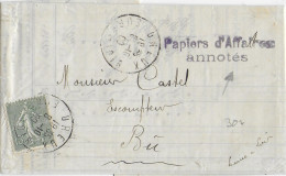 1909 - SEMEUSE 15c SEUL Sur LETTRE "PAPIERS D'AFFAIRES ANNOTES" De DREUX => BU (EURE ET LOIR) - TARIF !! - 1903-60 Säerin, Untergrund Schraffiert