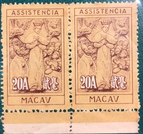 MACAU 1953 20 AVOS ASSISTENCIA, MERCY STAMPS, UNUSED NO GUM AS ISSUED IN PAIR, PERF. 11 - Altri & Non Classificati