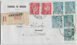 1944 - MERCURE + PETAIN - LETTRE RECO De BRIOUDE (HAUTE LOIRE) - Covers & Documents