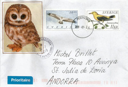 Balbuzard Pêcheur,Loriot D'Europe,Chouette. Oiseaux De Suède Sur Lettre 2019, Adressée Andorra - Cartas & Documentos