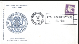 J) 1981 UNITED STATES, 200TH ANNIVERSARY THE GRAND LODGE OF NEW YORK,  MASONIC HALL STATION NEW YORK, TWO HUNDRED YEARS, - Sonstige & Ohne Zuordnung