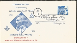 J) 1975 UNITED STATES, COMMEMORATING 175 ANNIVERSARY LAFAYETTE LODGE N°71 F&AM, MARQUIS DE LAFAYETTE, SPONSORED BY MASON - Altri & Non Classificati