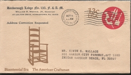 J) 1976 UNITED STATES, ROXBOROUGH LODGE N°135 F&AM, CHAIR, BICENTENNIAL ERA THE AMERICAN CRAFTSMAN, CIRCULATED COVER, FR - Other & Unclassified