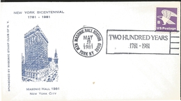 J) 1981 UNITED STATES, MASONIC HALL 1981 NEW YORK CITY, BICENTENNIAL, TWO HUNDRED YEARSH, EAGLE, FDC - Otros & Sin Clasificación