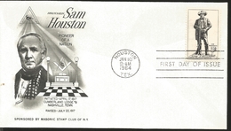 J) 1964 UNITED STATES, BROTHER SAM HOUSTON PIONEER OF A NATION, MASONIC GRAND LODGE, FDC - Sonstige & Ohne Zuordnung