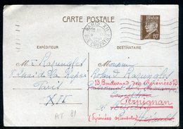 Entier Postal De Paris Pour Béziers Et Redirigé Vers Perpignan En 1941 - Réf AT 81 - Cartes Postales Types Et TSC (avant 1995)