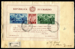 G43-6 SAN MARINO 1946 Cinquantenario Del Palazzo Del Governo, 2 Foglietti (Sassone 6, 7) Su 2 Raccomandate Da San Marino - Covers & Documents