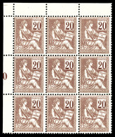 N°113f, 20c Mouchon, Chiffres Très Foncé Et Timbres Pâle, Bloc De 9 Cdf. TTB (certificat)  Qualité: **  Cote: 2250 Euros - Unused Stamps