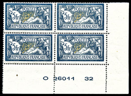 N°123a, Merson, 5F Bleu Et Olive En Bloc De Quatre Coin De Feuille Numéroté, SUP (certificat)  Qualité: **  Cote: 1700 E - Unused Stamps