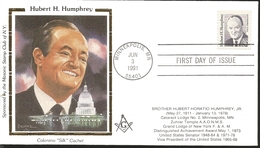 J) 1991 UNITED STATES, HUBERT H HUMPHREY, MASONIC GRAND LODGE, FDC - Sonstige & Ohne Zuordnung