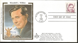 J) 1992 UNITED STATES, WENDELL L WILLKIE, MASONIC GRAND LODGE, FDC - Other & Unclassified