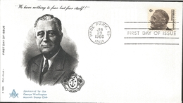 J) 1966 UNITED STATES, FRANKLIN ROSVELT, WE HAVE NOTHING TO FEAR BUT FEAR ITSELF, MASONIC GRAND LODGE, FDC - Andere & Zonder Classificatie