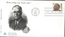 J) 1966 UNITED STATES, FRANKLIN ROSVELT, WE HAVE NOTHING TO FEAR BUT FEAR ITSELF, MASONIC GRAND LODGE, FDC - Autres & Non Classés