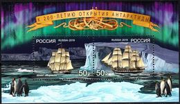 Russia 2019 200th Anniversary Discovery Of Antarctica Ship Penguins Nature Bird Places Transport Polar M/S Stamps MNH - Faune Antarctique