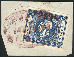 ARGENTINA: GJ.17, 1P. Blue, On Fragment Tied By The Extremely Rare Lilac Cancel Of PAYSANDÚ (Uruguay), Superb! - Buenos Aires (1858-1864)