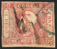 ARGENTINA: GJ.21, 1P. Rose, With Double Cancellation: Pen + Blue "Admon. De Correos De LUJAN" In Oval (very Rare), Defec - Buenos Aires (1858-1864)