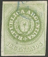 ARGENTINA: GJ.8Ab, 10c. OLIVE Green, With Variety "8 Cut Angles", Used With Light Rosario Cancel, Very Rare!" - Gebraucht