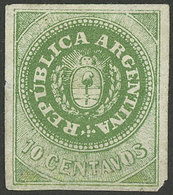 ARGENTINA: GJ.8Bb, 10c. Dark Green, With "8 Cut Angles" Variety, Mint, Extremely Rare, Signed By Kneitschel On Back!" - Used Stamps