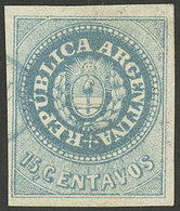 ARGENTINA: GJ.9, 15c. Light Blue, Beautiful Example With 4 Complete Margins, Barely Cancelled, Fresh, Excellent! - Used Stamps