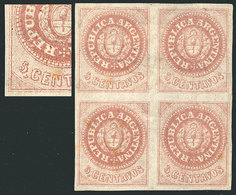 ARGENTINA: GJ.10, 5c. Without Accent Over The U, Block Of 4, Mint Part Original Gum, One With Variety: Accent Over The E - Oblitérés