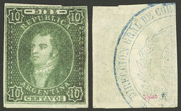 ARGENTINA: GJ.30, 10c. Green Without Watermark, Additional 6th Printing, Mint Without Gum, Circular CONTROL MARK On Back - Gebruikt