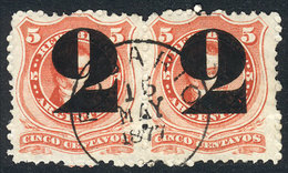 ARGENTINA: GJ.46, 2c. On 5c., PAIR Cancelled ROSARIO 15/MAY/1877, Superb! - Sonstige & Ohne Zuordnung