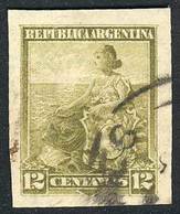 ARGENTINA: GJ.226, 1899 Liberty 12c. Olive Green IMPERFORATE Variety, With Huge Margins, Used, Extremely Rare, Unlisted! - Autres & Non Classés