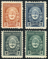 ARGENTINA: Circa 1910, 4 Essays On An Unadopted Design, 2c. Coat Of Arms, Perforated And Gummed, MNH, Superb! - Otros & Sin Clasificación