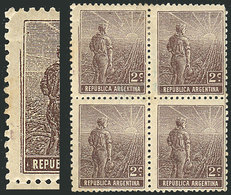 ARGENTINA: GJ.321, 1911 Plowman 2c., Block Of 4, Top Left Stamp With Very Notable DOUBLE FRAME LINE, Excellent Quality A - Sonstige & Ohne Zuordnung