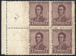 ARGENTINA: GJ.434CZ, 1917 4c. San Martín, Block Of 4 WITH LABELS AT LEFT (uncatalogued Variety!), MNH, Excellent, Rare! - Otros & Sin Clasificación